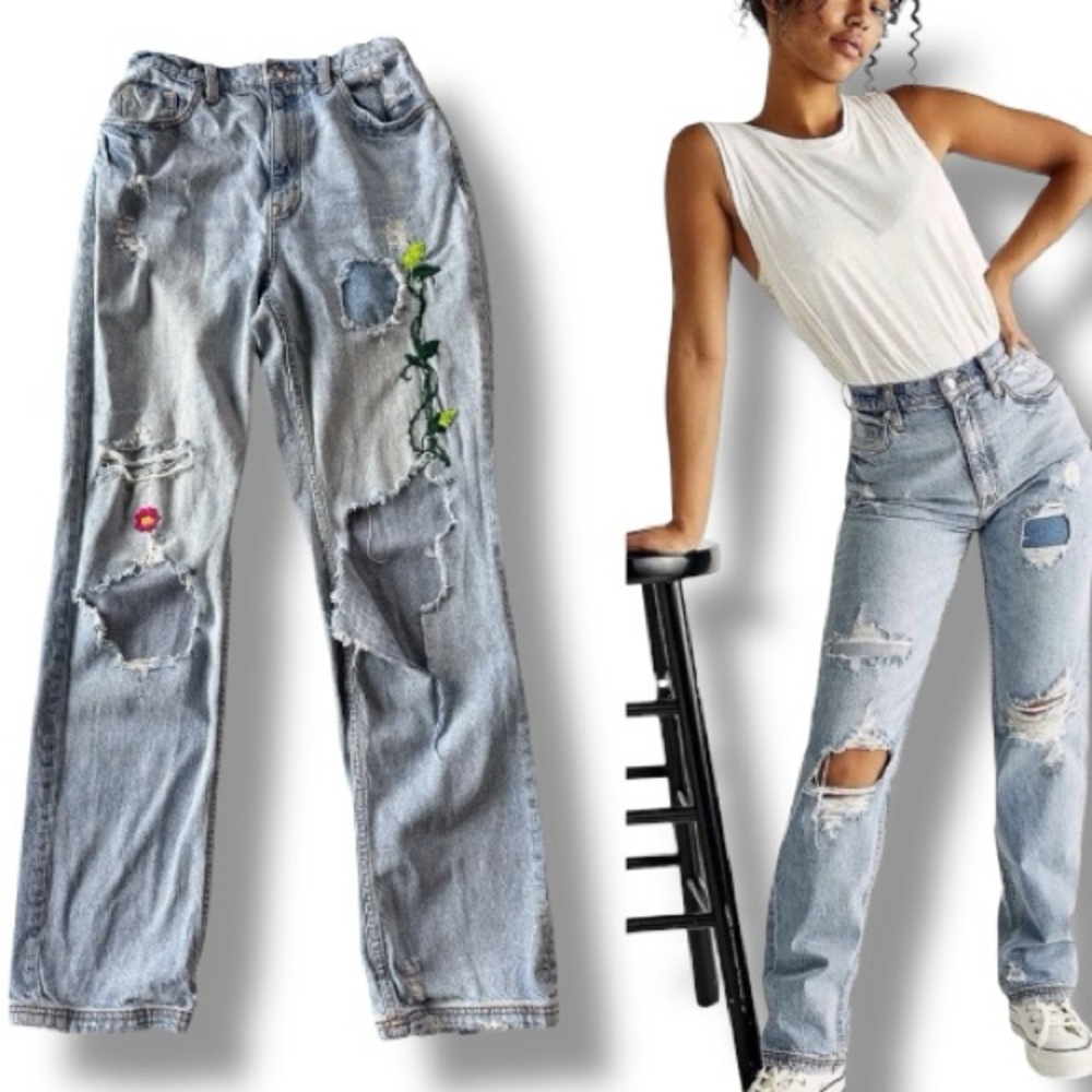 FREE PEOPLE We The Free CRVY Straight Shooter Jeans HAND EMBROIDERED Size 28